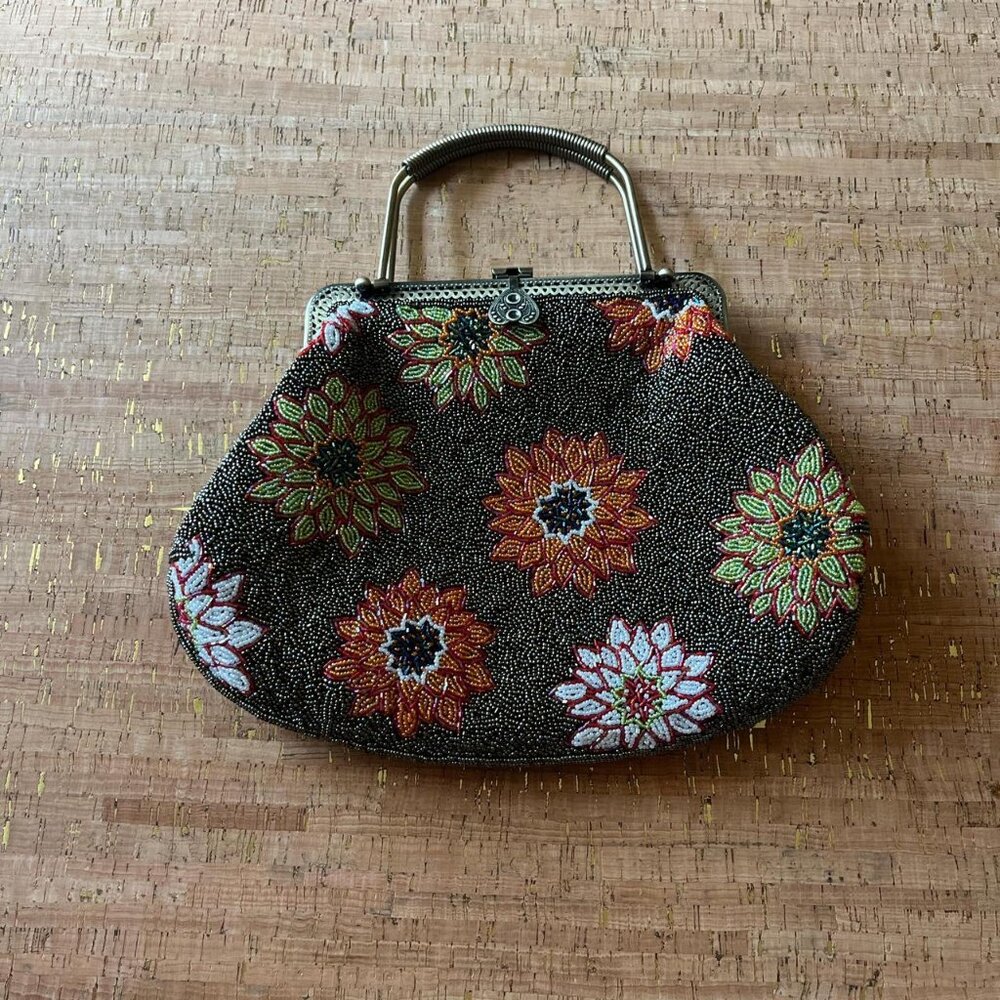 Beautiful vintage beaded flower bag with a black and multicoloured design.